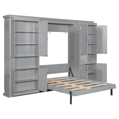 Full-Size Murphy Bed with 2 Sliding Cabinets and 12 Open Shelves, Hydraulic Hidden Wall Bed System, Space-Saving Design for Modern Homes, Gray