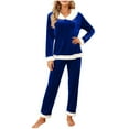 thumbnail image 2 of Womens 2 Piece Velvet Pajamas Sets, Long Sleeve Pjs Soft Sleepwear Loungewear Sets Casual Tracksuits with Fur Trim New Travel Outfits for Women Blue XL, 2 of 6