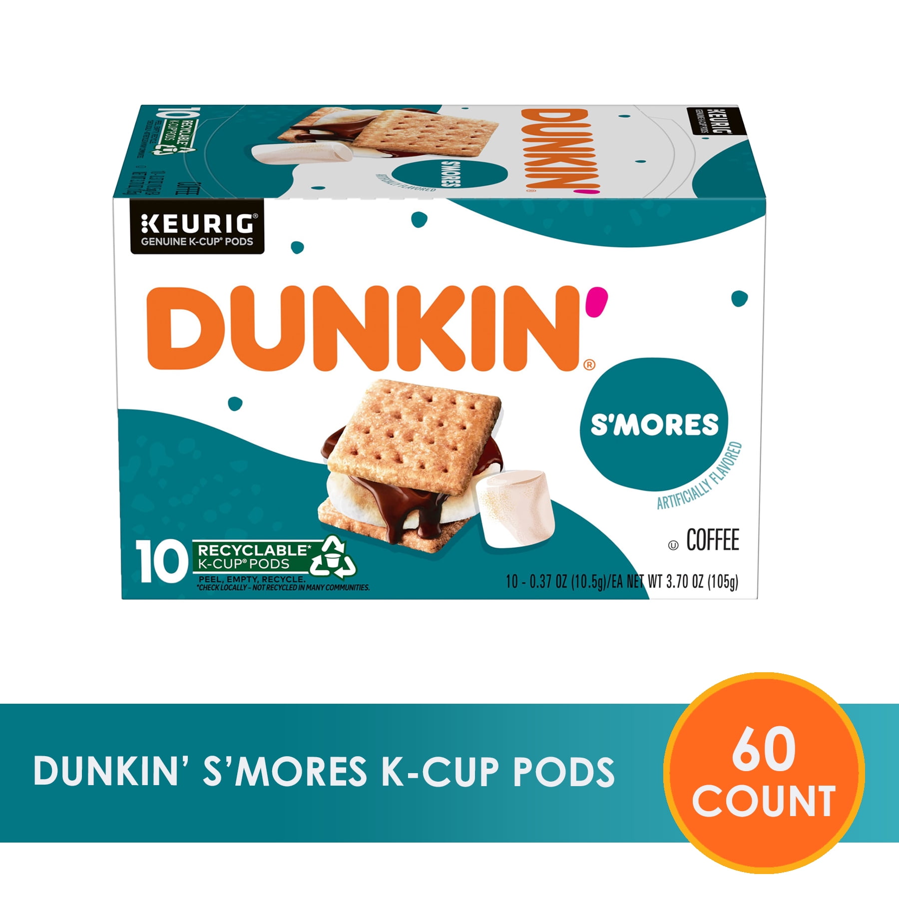 (6 Pack) Dunkin’ S’mores Artificially Flavored Coffee, Medium Roast, Keurig K-Cup Pods, 10 Count Box