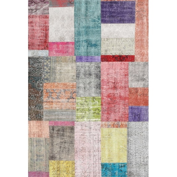 Ahgly Company Indoor Rectangle Contemporary Mauve Taupe Purple Patchwork Area Rugs, 8' x 12'
