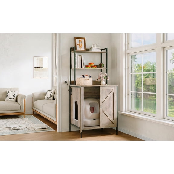 Modern Cat Litter Box Enclosure Cabinet for Automatic Litter Box Robot 3/4/5 – Storage Shelf & Built-in Power Outlet, Farmhouse Style, 70", Fits 26"×28"×31"