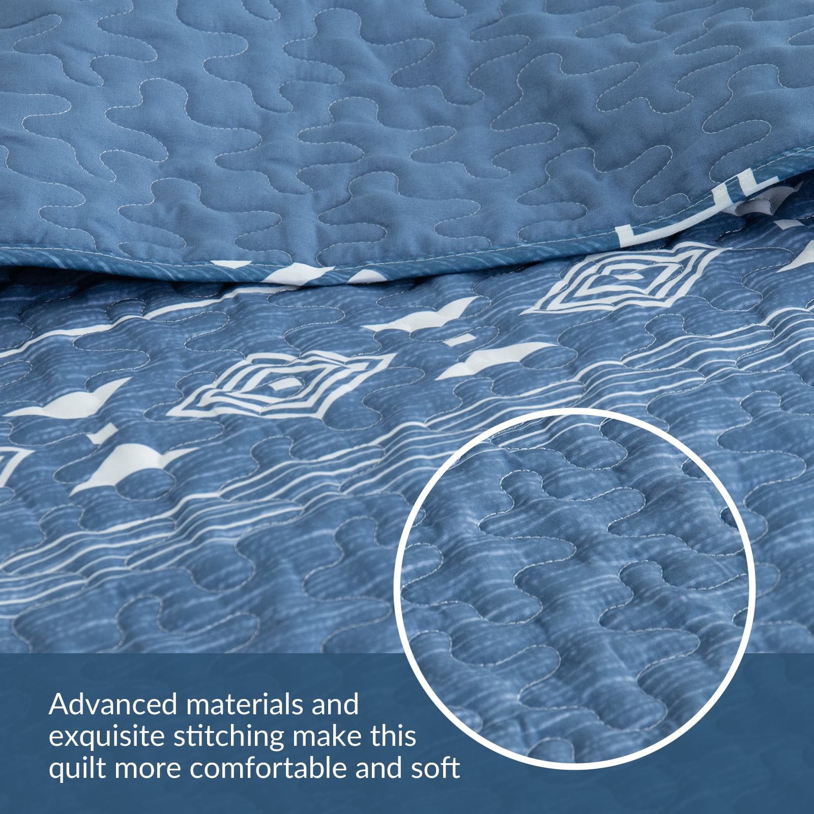 Whale Flotilla Reversible Ultra Soft Printed Quilts Twin Size, Lightweight Patchwork Geometric Stripes Bedspreads Coverlets Twin Quilt Bedding Set with 1 Pillow Sham for All Seasons, Bluish Grey