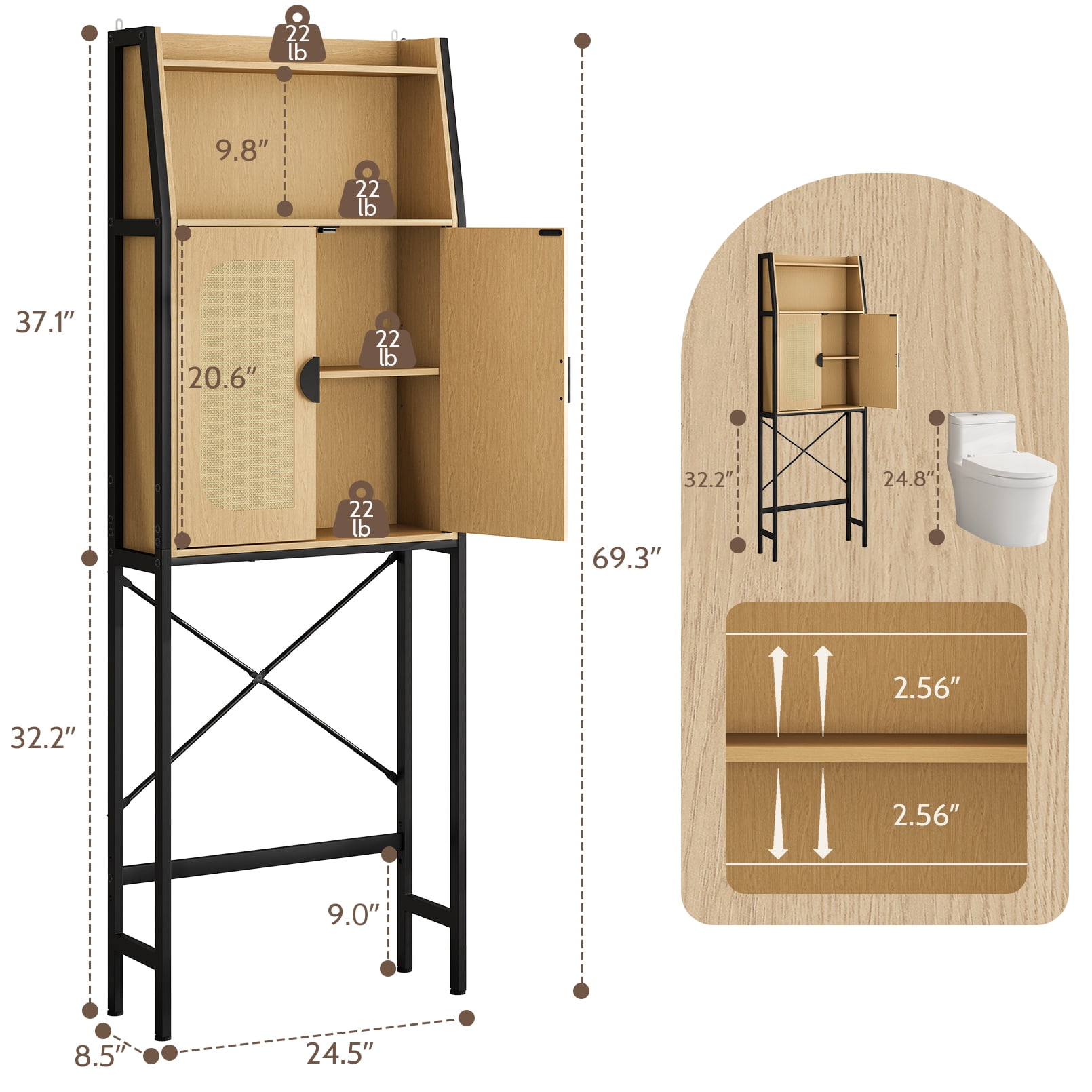 Vividwood Over-the-Toilet Cabinet with Soft Close Doors, Off-White
