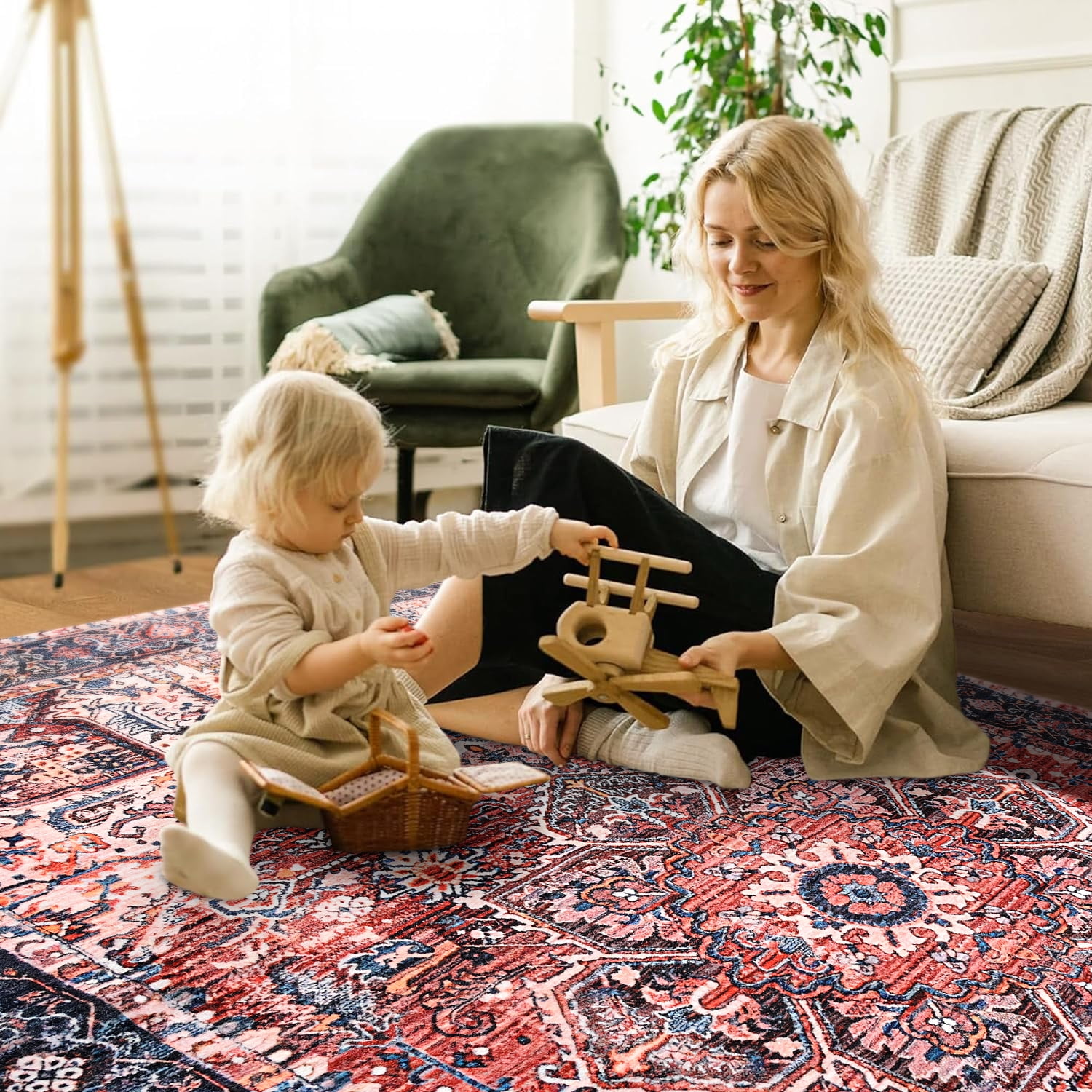 Lochas Vintage Accent Rugs Distressed Print Area Rug Low Pile Carpet for Living Room Bedroom Home Decor,Brick Red,6'x9'