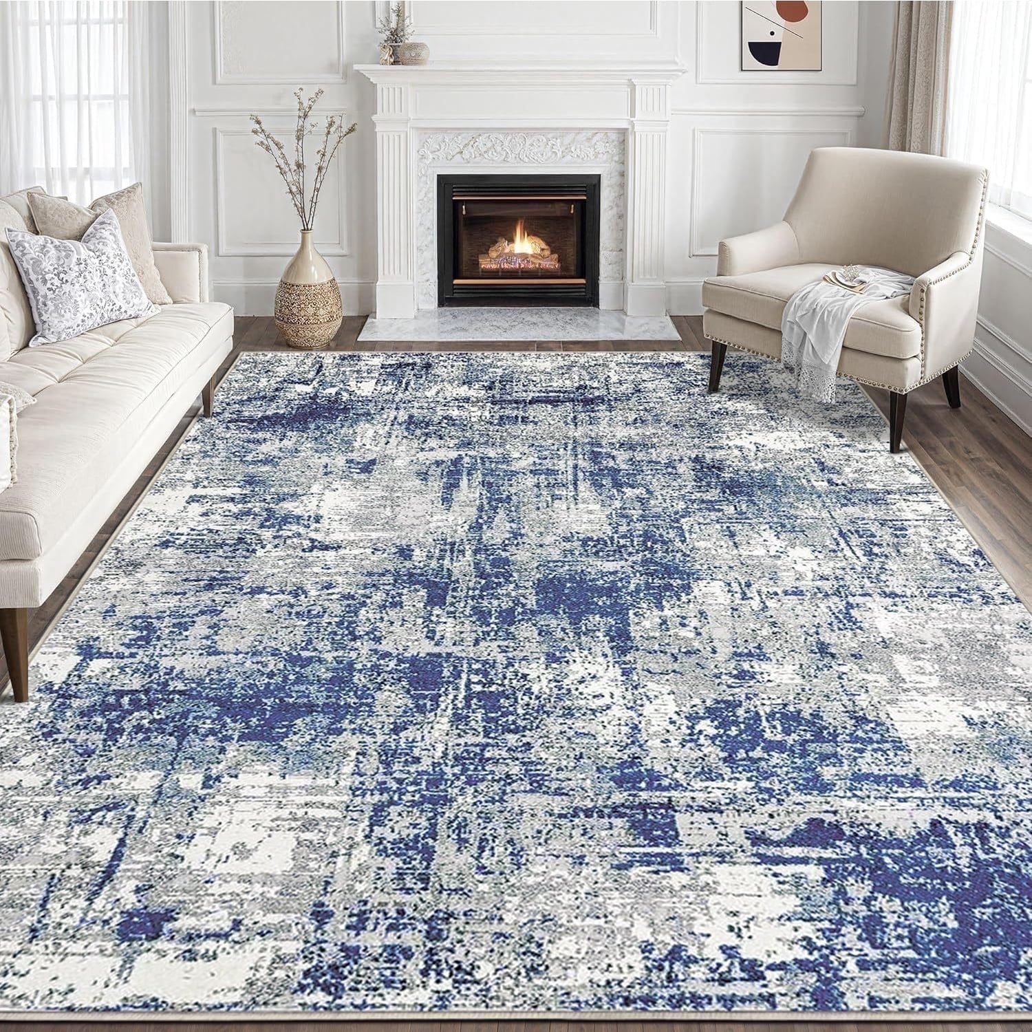 TECHVIDA Area Rug 5x7,Modern Abstract Rug,Machine Washable for Living Room Rugs, Foldable Nonslip Indoor Carpet,Bedroom Living Room-Blue