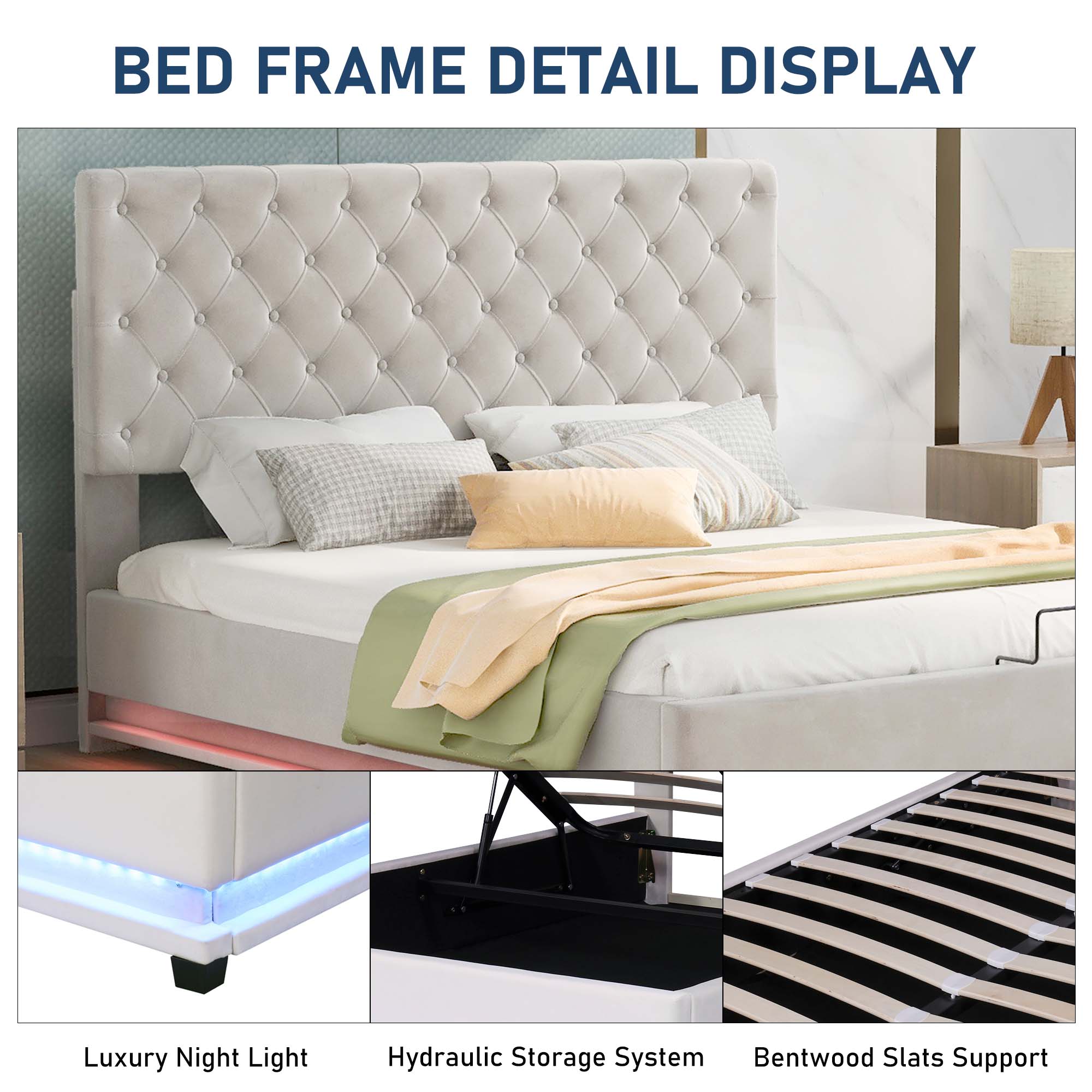 Aukfa Queen Upholstered Platform Bed with LED Light, Lift Up Storage Bed with Hydraulic Storage System - Beige