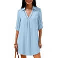 thumbnail image 6 of ClodeEU Women's Cotton Linen Lace Lapel V Neck Short Sleeve Shirt Dress,Casual Beach Cover Up Loose Dress Blue,Women's Plus XXL, 6 of 8