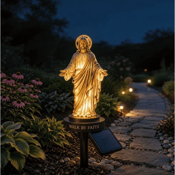 Solar Jesus Garden Stake Light,Walk by Faith Resin Statue,Christian Outdoor Decor for Garden Lawn Pathway Patio Memorial Garden