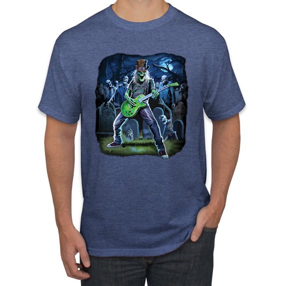 Rocking Out Skeleton Playing Guitar Halloween Men's Graphic T-Shirt, Vintage Heather Blue, 4XL