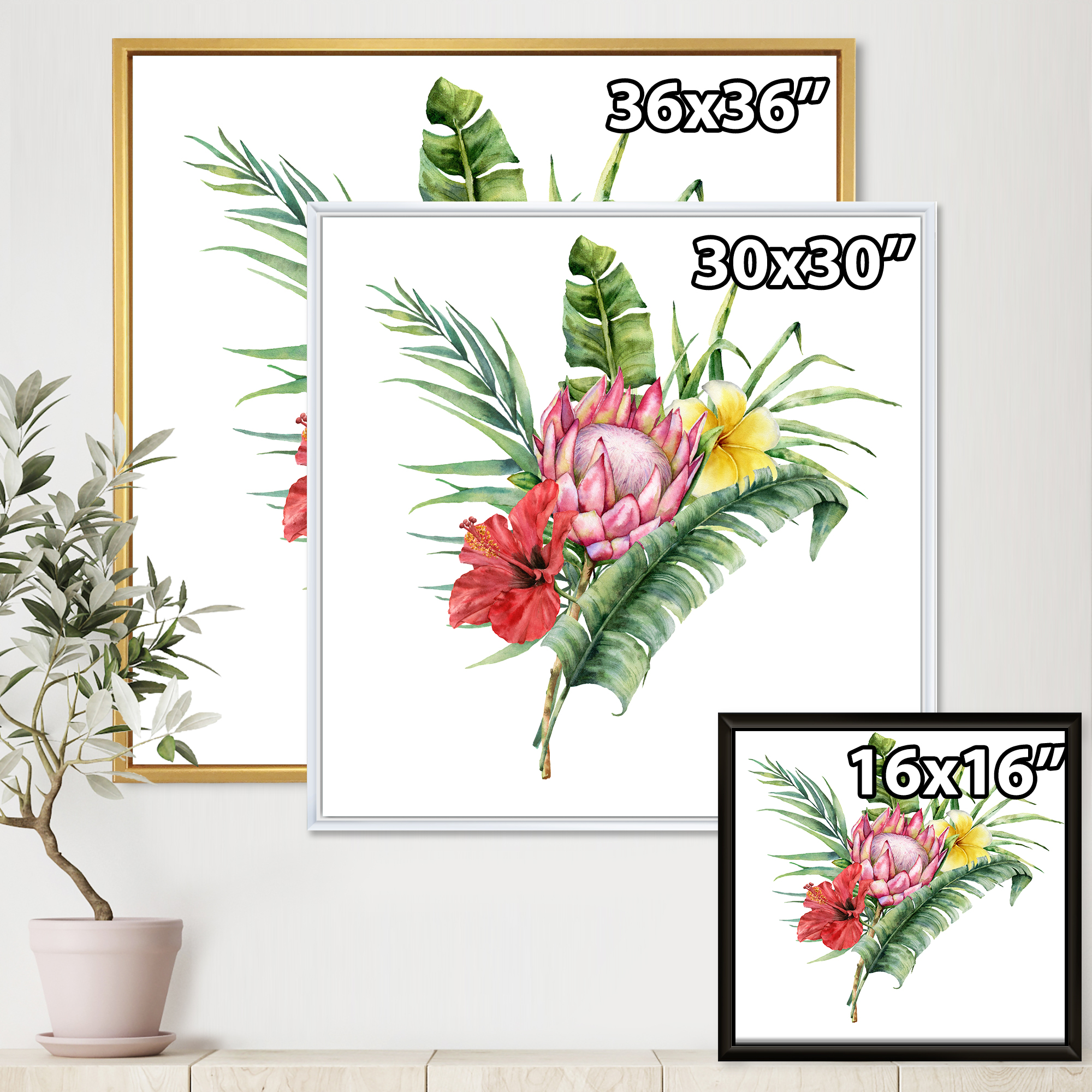 Flowers Bouquet With Protea Plumeria Hibiscus 36 in x 36 in Framed Painting Canvas Art Print, by Designart