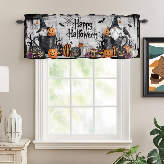 Gnomes Halloween Rod Pocket Curtain Valance, Horror Pumpkins Black Trees Grey Farmhouse Window Valance for Living Room, Bedroom, Kitchen 42"W x 18"L