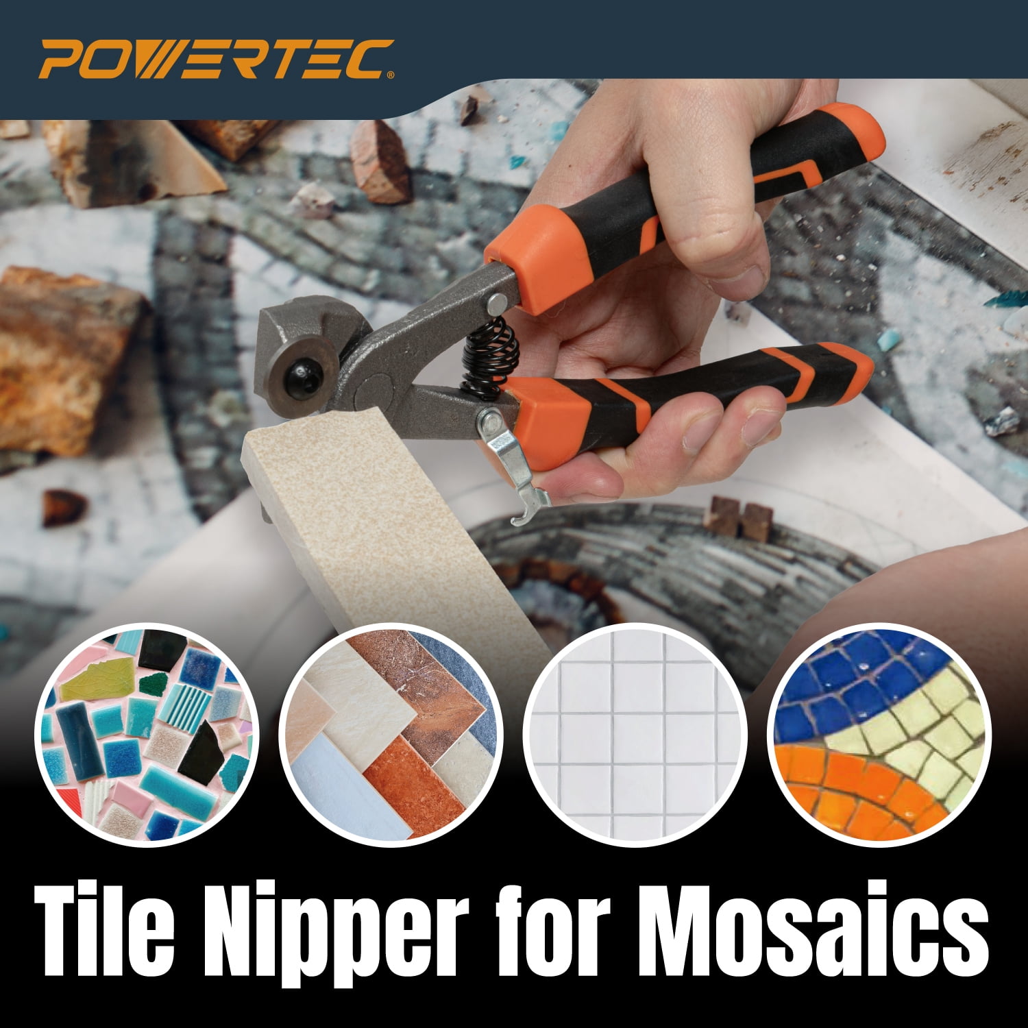 POWERTEC Wheeled Tile Nippers for Glass, Ceramic, Porcelain, and Mosaic - Ergonomic Soft Grip, Heavy Duty 22mm Tungsten Carbide Scoring Wheels Cuts and Trim Tile Up to 1/4” (71901N)