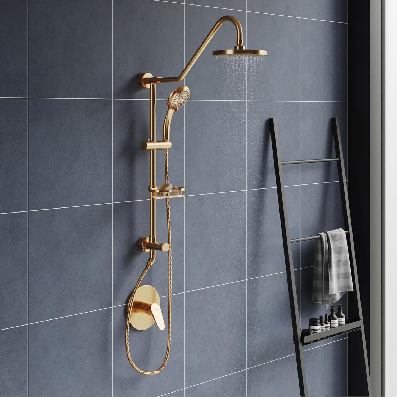 Kauai III 8-in Rain Showerhead Shower System with Slide Bar and Integrated Soap Dish Brushed Gold 1.8 GPM