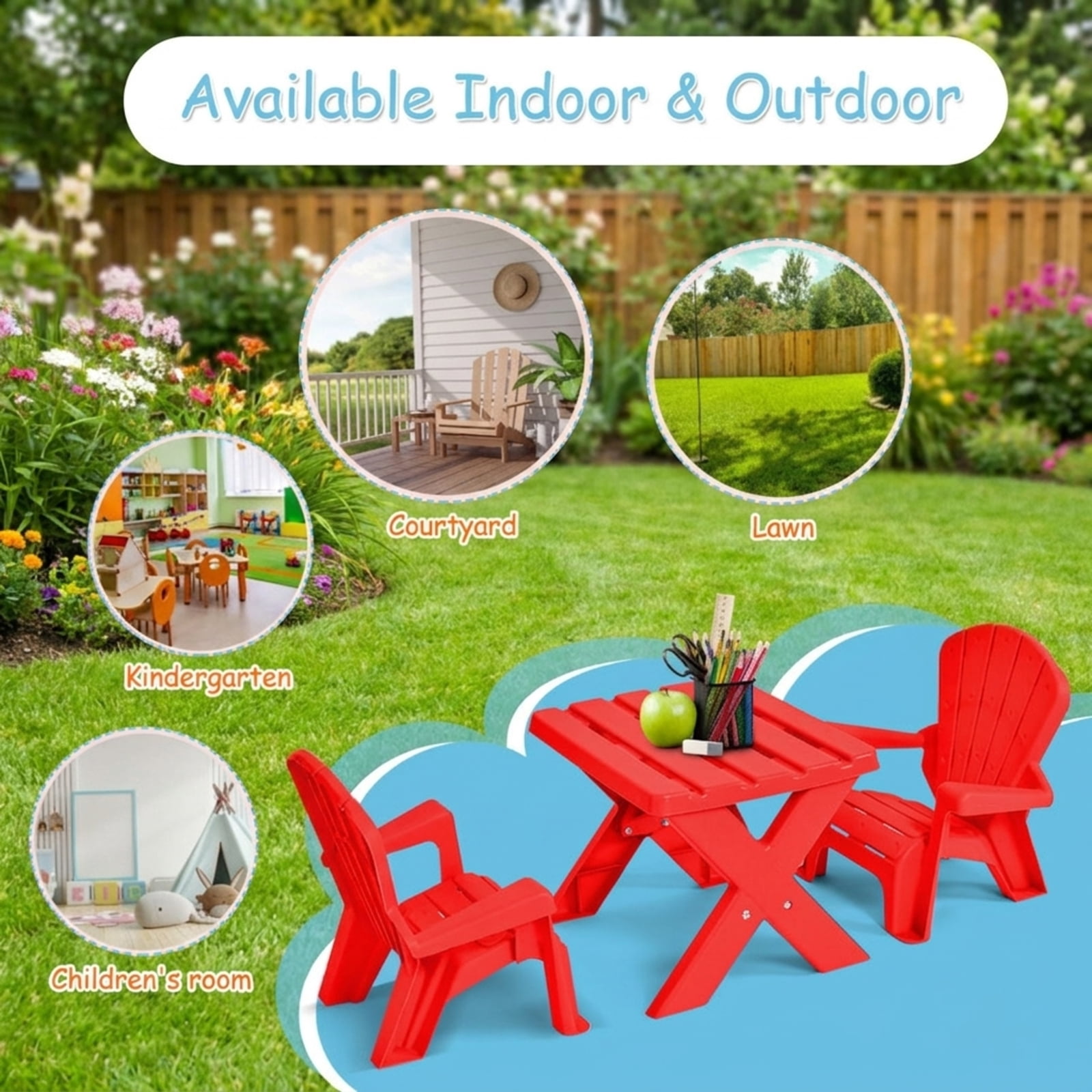 Furnibear 3-Piece Plastic Kids Table and Chair Set with Durable PP Build for Playroom and Outdoor Childrens Activity Table with 2 Chairs, Red