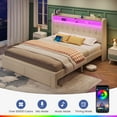 thumbnail image 4 of Greenstell Queen Bed Frame with Storage Drawers, Upholstered Bed with LED Light and Linen Fabric Storage Headboard, Off White, 4 of 7