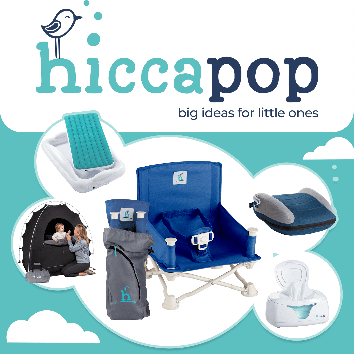 Hiccapop OmniBoost Travel Booster Chair with Tray, Folding Portable Booster Seat for Dining Table, Camping, Beach, Grandma’s, Tip-Free Design, Blue
