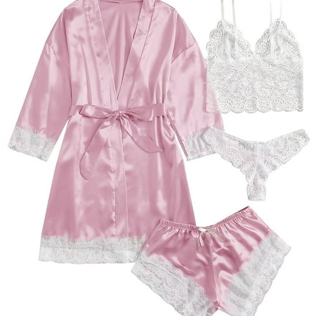 

Women‘s 4 Pieces Comfortable Satin Floral Lace Cami Top Lingerie Pajama Set With Robe For Valentine‘s Gifts