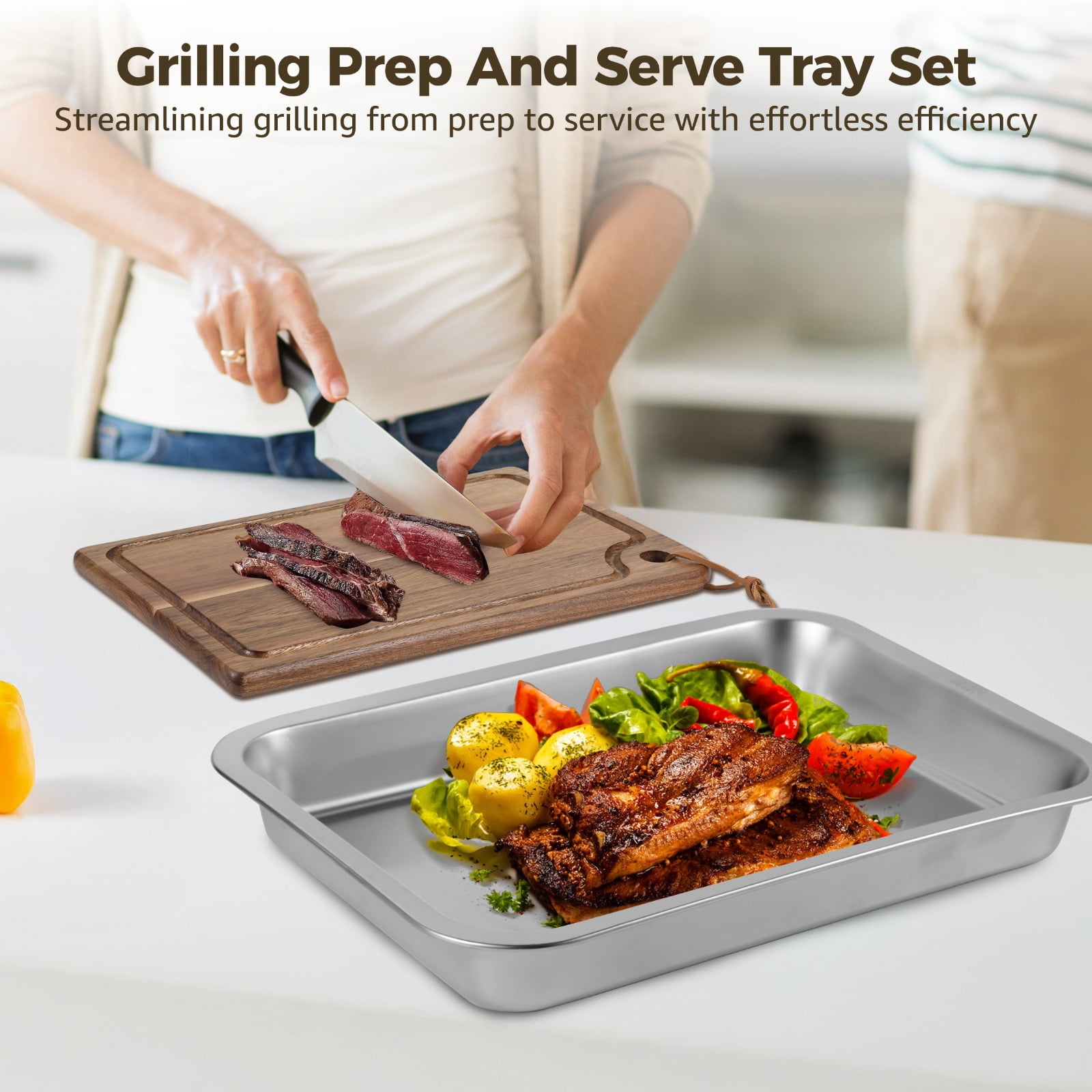 3 Pcs Grilling Prep And Serve Tray Set, Includes a Stainless Steel Marinade Container with Lid, a Rectangular Food Prep Tray, and a Acacia Cutting Board, Perfect BBQ Grill Accessories