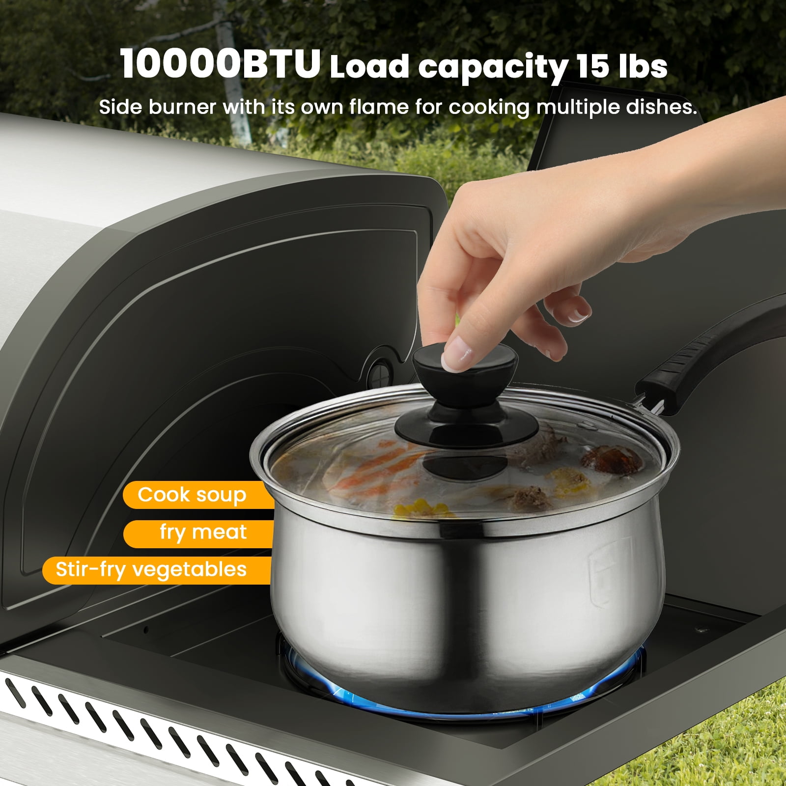 4-Burner Propane Gas BBQ Grill with Side Burner, Porcelain-Enameled Cast Iron Grates, and Baking Pan (42,000 BTU). Ideal for Outdoor Cooking and Patio Barbecues.