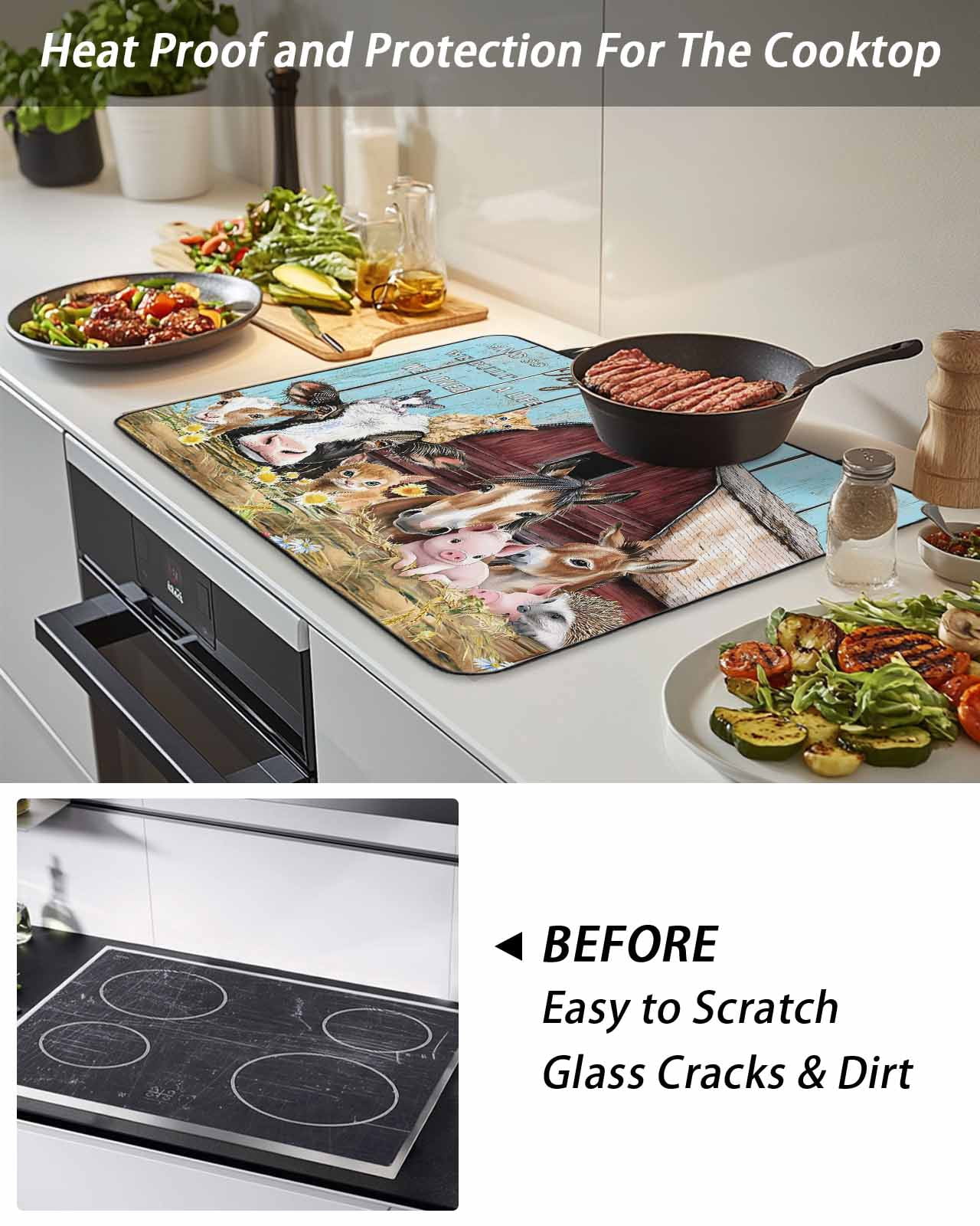 Farmhouse Animals Stove Top Covers for Electric Stove, Kitchen Glass Ceramic Electric Cooktop Covers 28.5"x20.5", Pig Cow Retro Farm Blue Wood Grain HeatResistant Oven/Countertop/Dishwasher Protector