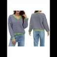 thumbnail image 3 of Suéter de Rayas de Larga para Mujer, Cuello en V, Bloque de Color, Punto Suave, Jersey de Moda Azul y S, 3 of 8