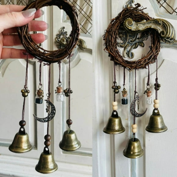 Halloween Witch Wreaths for Front Door,Outdoor Fall Wreath for Door,Fall Wreath Thanksgiving Decoration,Halloween Witch Bells Pendants,Rattan Wind Chimes Witches Pray Crystal Wind Chimes Decoration