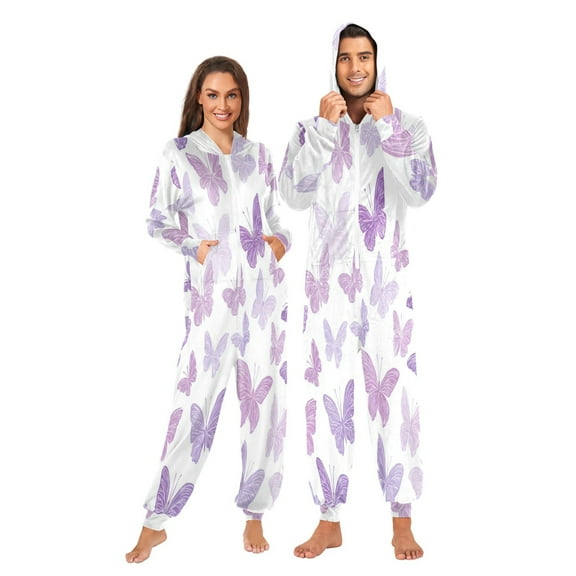 Wobogo Purple Butterfly Unisex Pajamas Hooded Onesie Jumpsuit Zipper version Non-Footed Women&Men
