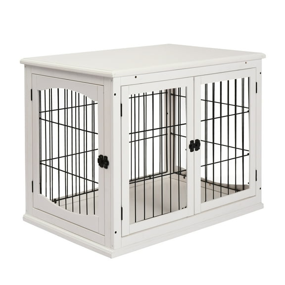 Dog Crate Furniture, Small Dog Cage End Table with Two Opening Sides, Lockable Door, Puppy Kennel Indoor, Cute and Decorative, Pure White
