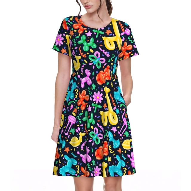 Balery Colorful Air Balloons1 Vestidos sueltos de manga corta para mujer, vestidos de verano 2025, vestidos casuales de corte A con vuelo.