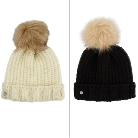 - Khombu Womens Cold Weather Purl Knit Beanie with Natural Faux Fur Pom Pom