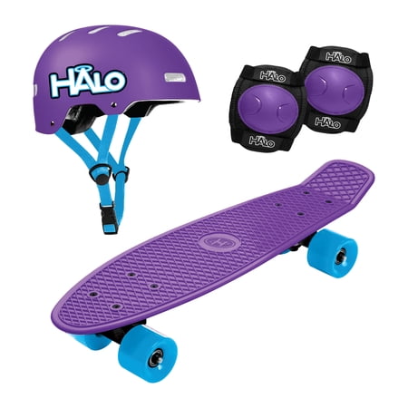 HALO Rise Above Retro 22" Skateboard + Helmet and Elbow Pads - Purple - 5+ Unisex