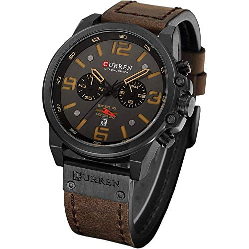 Montre Chronographe Sport Homme Quartz Bracelet en Cuir Marron Date 30M Étanche Militaire Montre-Bracelet Homme (Marron Noir)