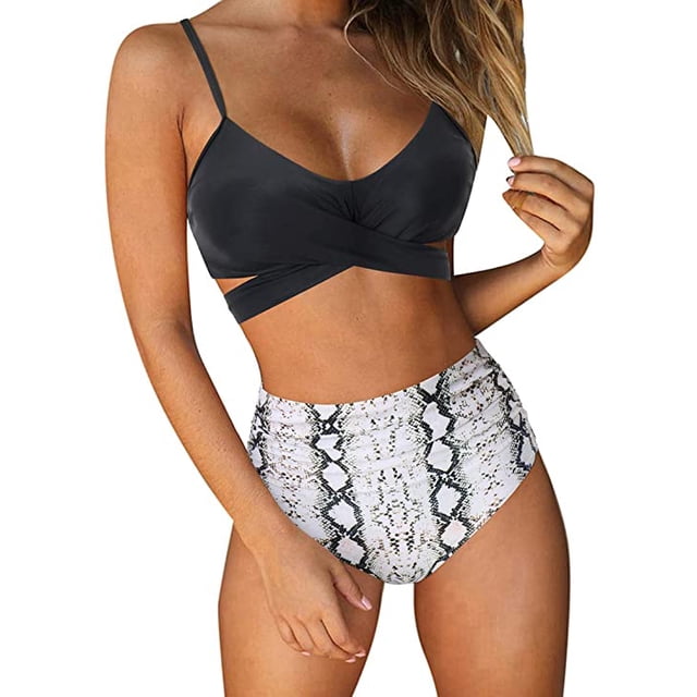 Women Criss Cross High Waisted String Floral Printed 2 Piece Bathing Suits(Snake Skin,L)