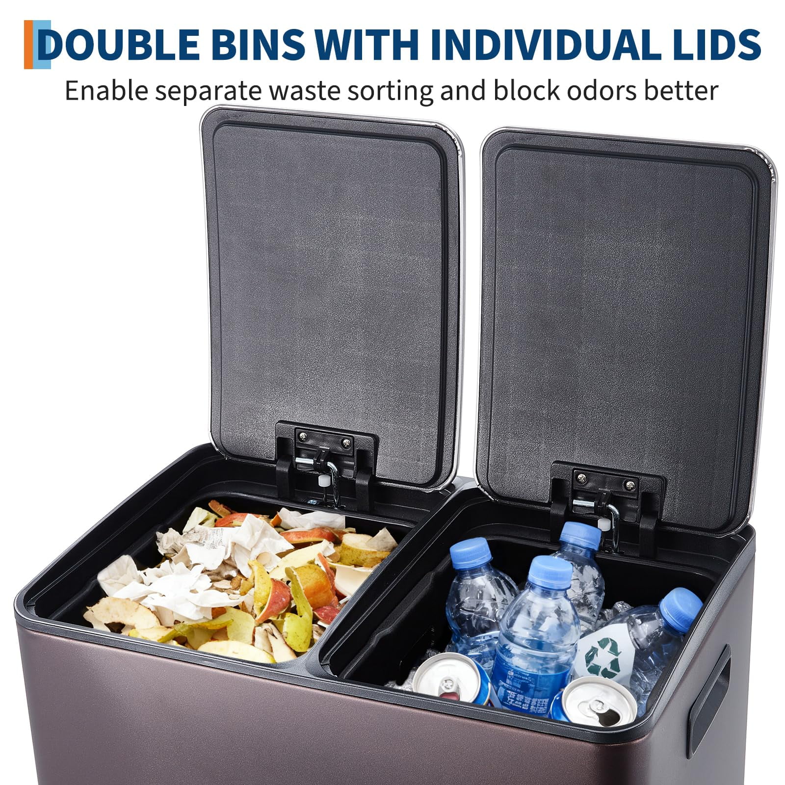 Dual Trash Can, 16 Gal (2 x 30 l) Kitchen Garbage Can with Lid and Inner Bucket, Double Compartment Trash and Recycle Bin Combo with Step Pedal