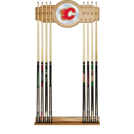 Calgary Flames NHL Stained Wood Cue Rack with Mirror - Red, Yellow, Black