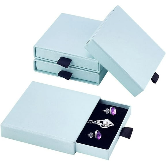 4 Pack Jewelry Gift Boxes Cardboard Jewelry Box 3.15x3.19x0.71 Inch Aquamarine Square Drawer Boxes with Sponge Inside Display Organizers for Bracelets Earrings Necklaces Gift Storage