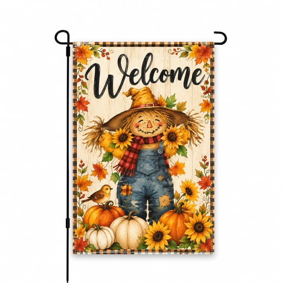 Autumn Scarecrow Garden Flag 12x18 Inch with Sunflowers & Pumpkins - Welcome Fall Outdoor Yard Decor for Lawn, Patio, Porch, or Garden Display