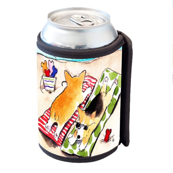 KuzmarK Insulated Drink Can Cooler Hugger - Beach Corgis Welsh Corgi Dog Art by Denise Every