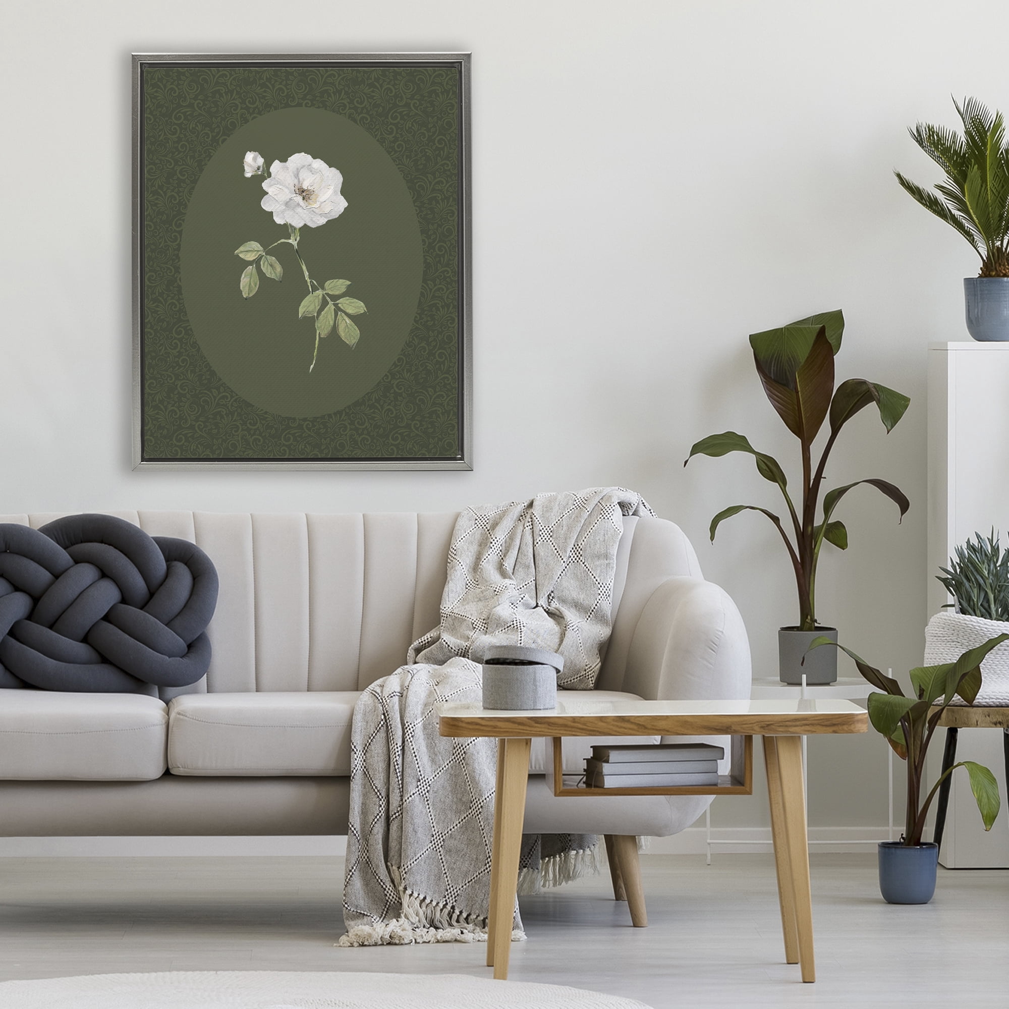 Stupell Industries White Rose on Emerald Gray Framed Floater Canvas Wall Art, design by Sally Swatland