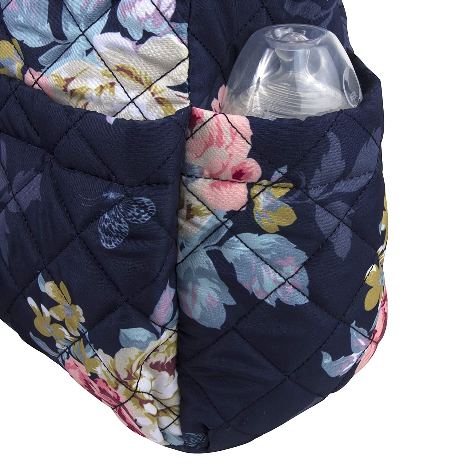 Baby Essentials 3 Piece Multi-Pocket Quilted Diaper Bag Tote with Removable Luggage Strap and Matching Striped Changing Pad in Navy Blue Floral