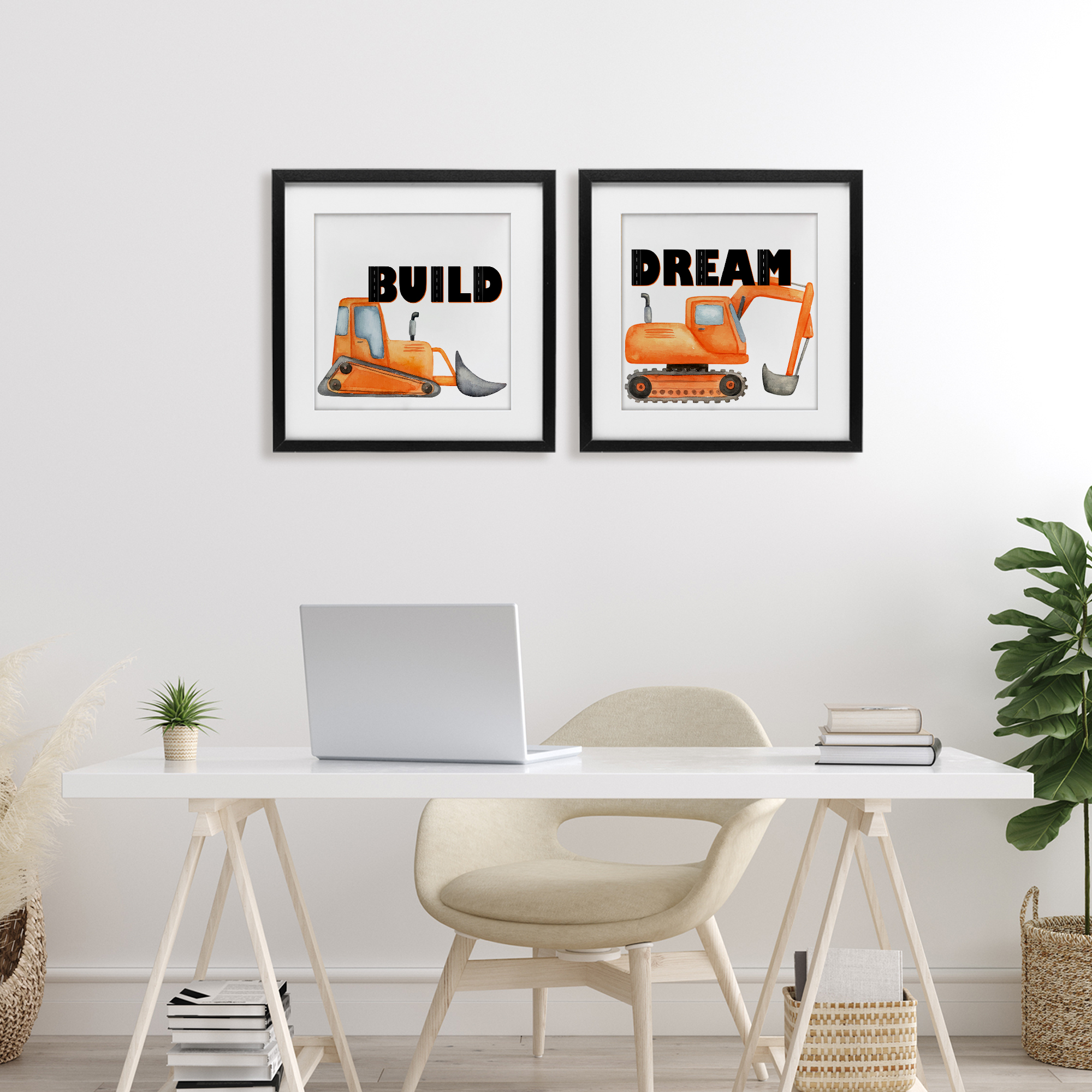 Build & Dream Construction Vehicles 2 Piece Black Framed Print Under Glass Set, design by Kim Allen