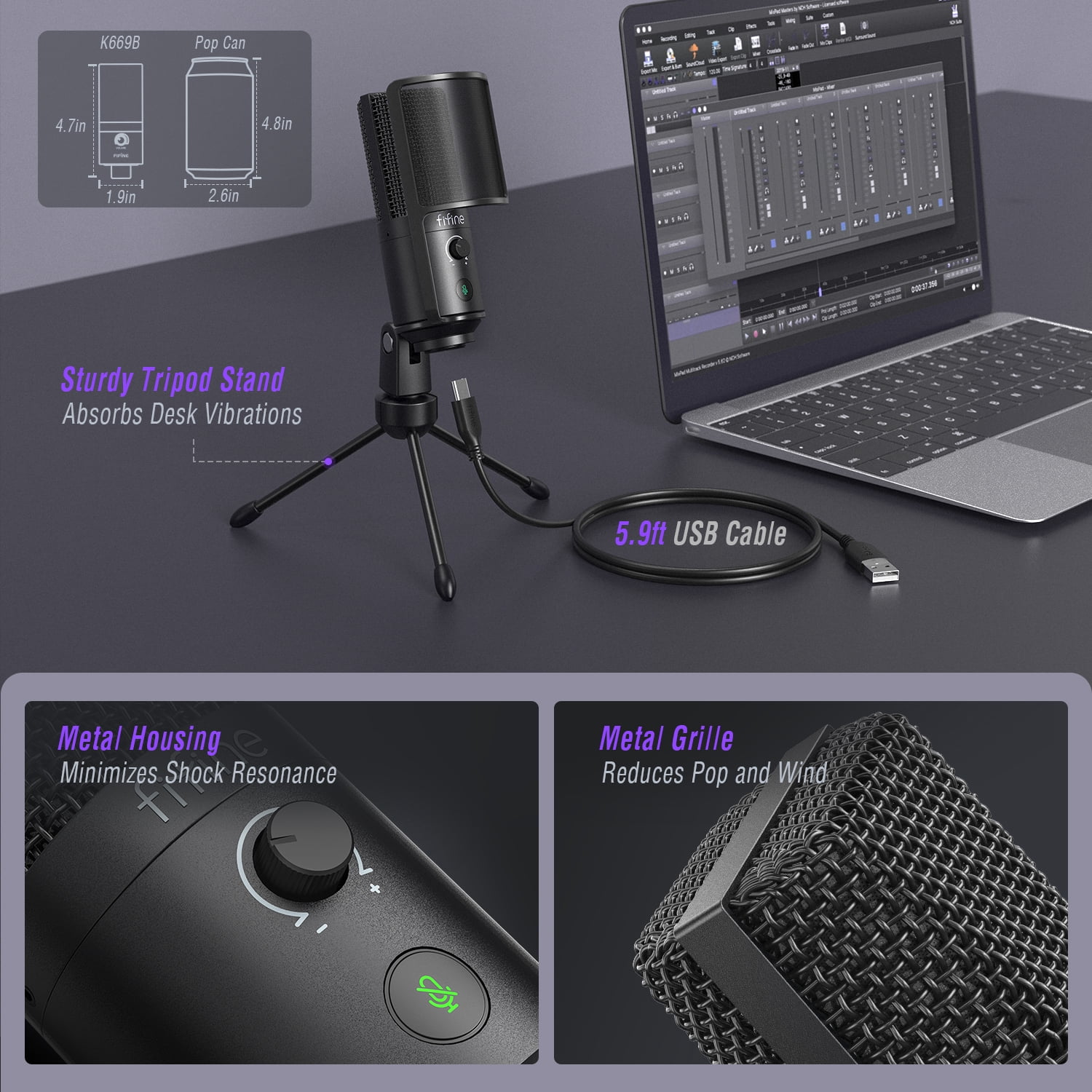FIFINE K669B Pro USB Computer Microphone for Laptop & Desktop, Metal Condenser Microphone with Mute, Gain Control, Pop Filter for Gaming and Streaming