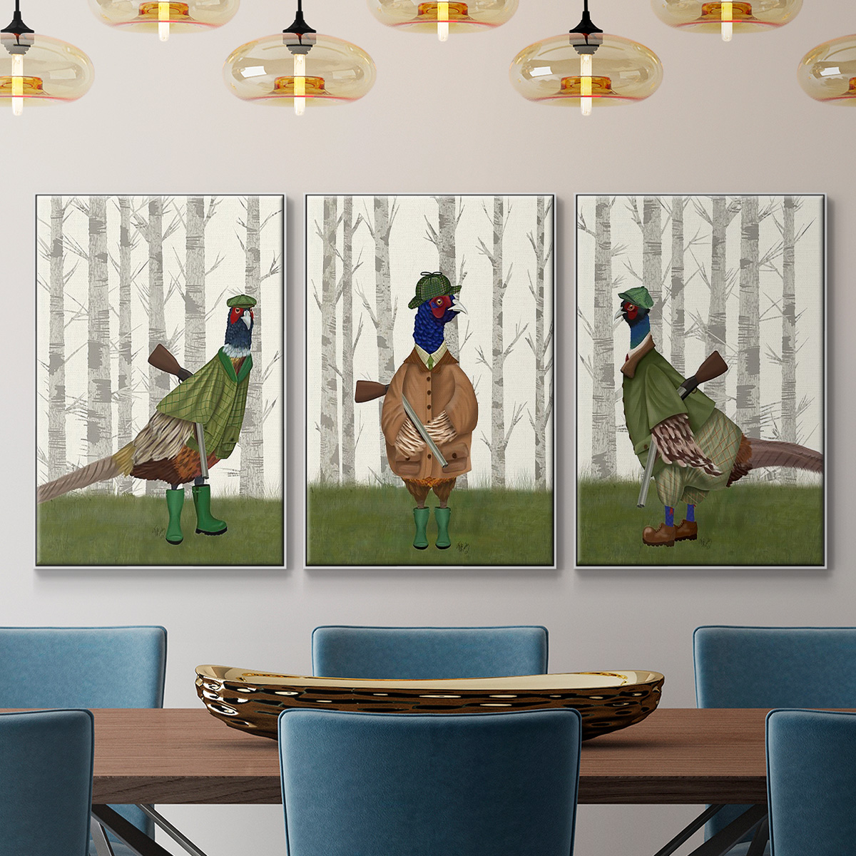 Pheasant Shooting Party 1 - Framed Premium Gallery Wrapped Canvas L Frame 3 Piece Set - Ready to Hang