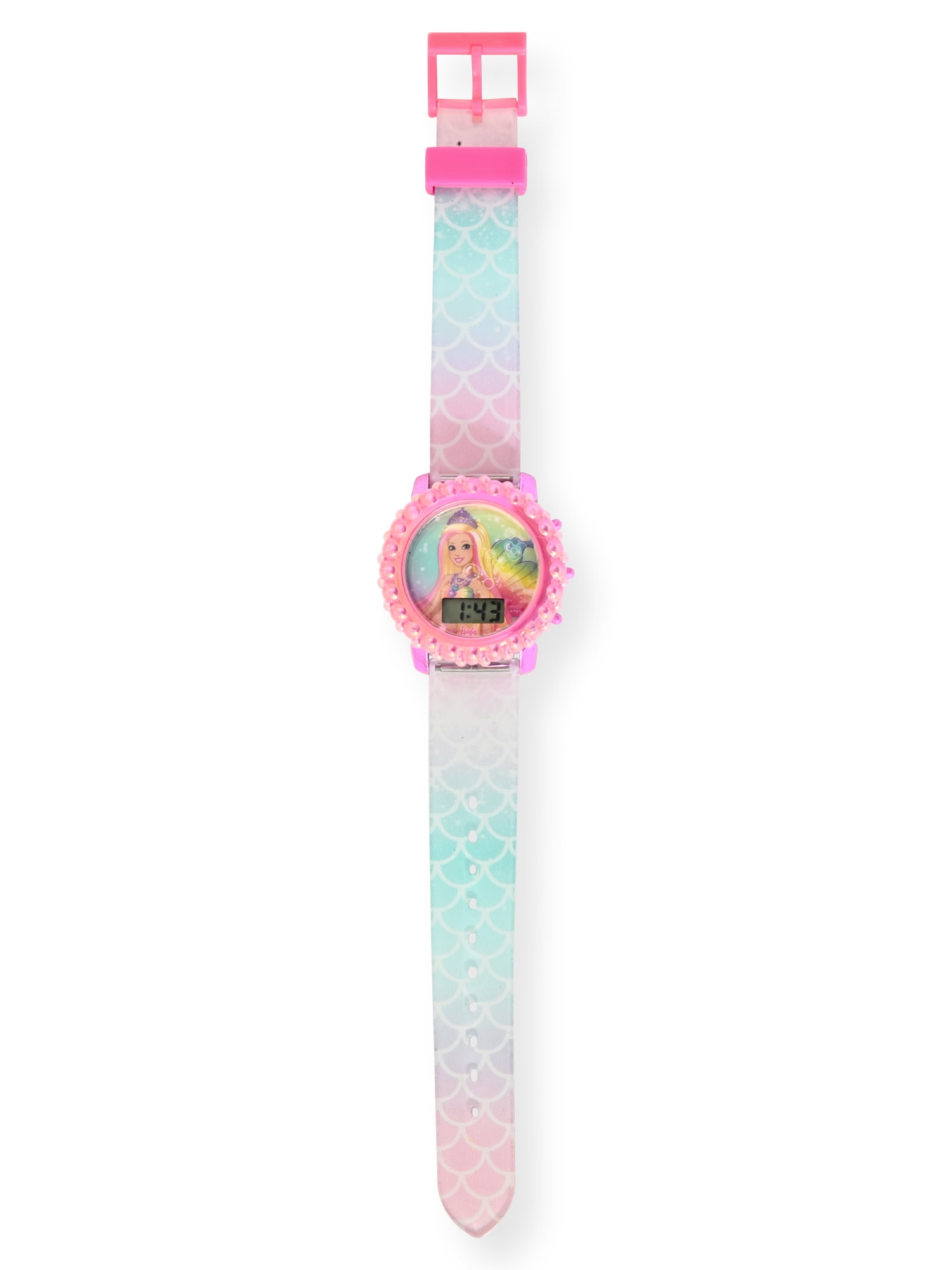 BDT4175WM Barbie Kids Molded Case Flashing Lights LCD Watch with Printed Strap
