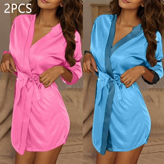 2PC Women Lightweight Bathrobes V Neck Comfy Solid Color Loungewear Long Sleeve Housecoat Short Nightwear Style B-4 New Pinks One Size