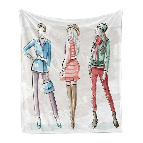 Fashion Soft Flannel Fleece Throw Blanket, Watercolor Design Hand Drawn Sketch of Young Women in Clothes Print, Cozy Plush for Indoor and Outdoor Use, 60" x 80", Multicolor, by Ambesonne