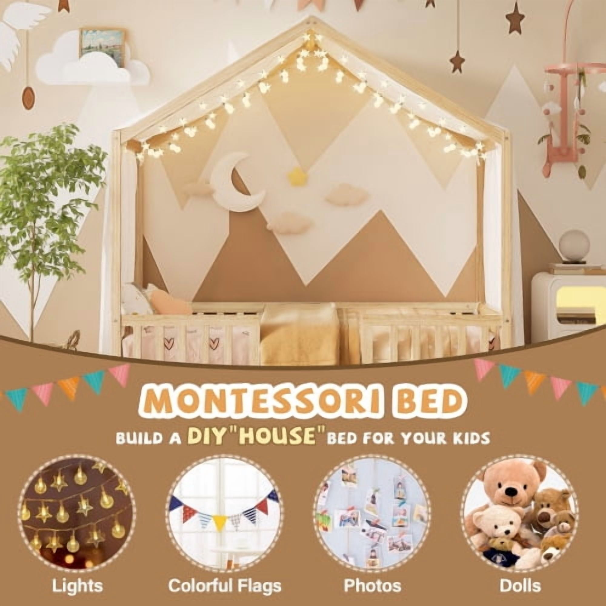 Bellemave Twin Size Canopy Bed, Montessori Floor Bed with High Railings, Wooden Twin House Bed with Roof, House Shaped Bed Twin, Natural