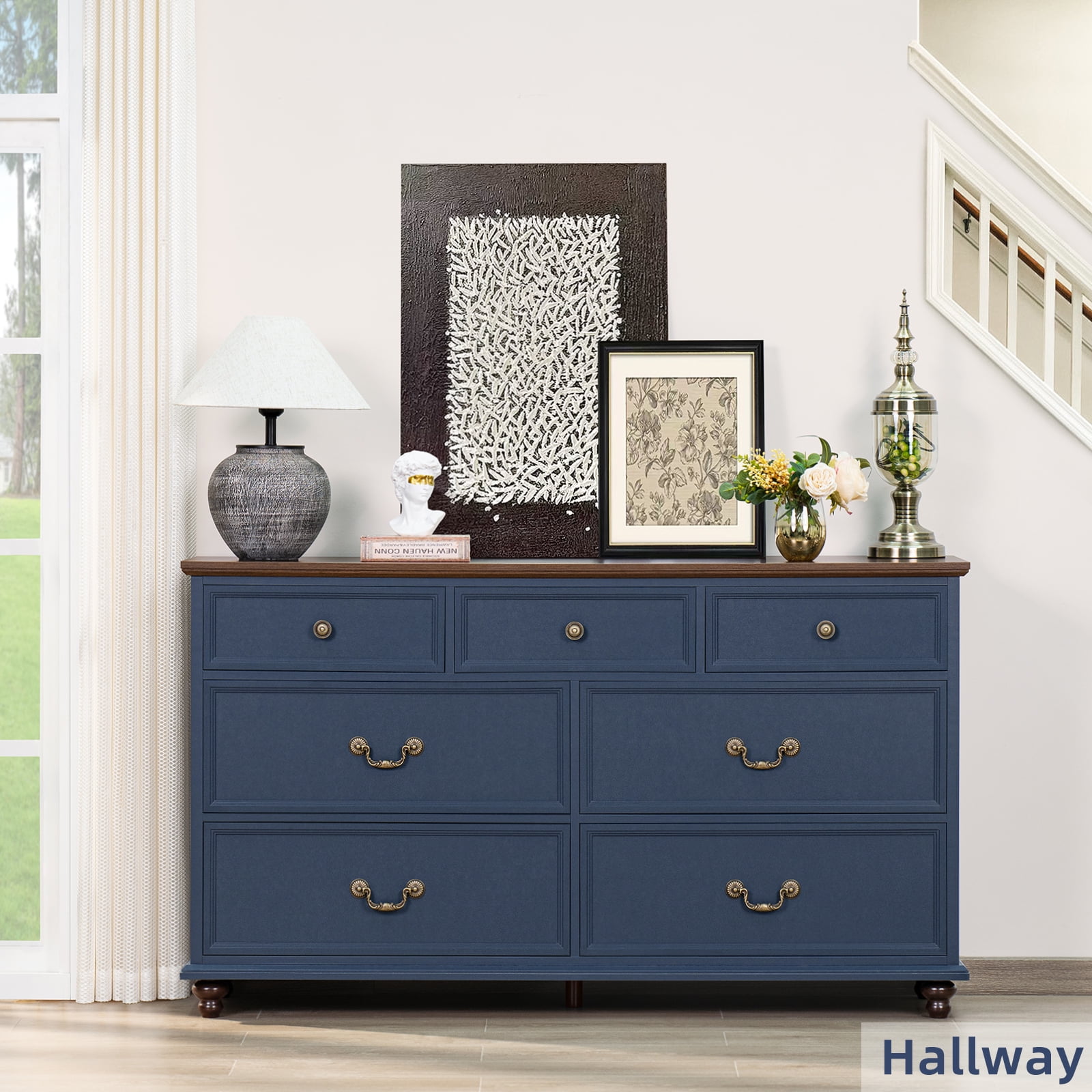 Joaxswe 7 Drawer Dresser for Bedroom, 54" Wide Dresser Organizer Chest of  Drawers for Nursery Dark Blue - Walmart.com