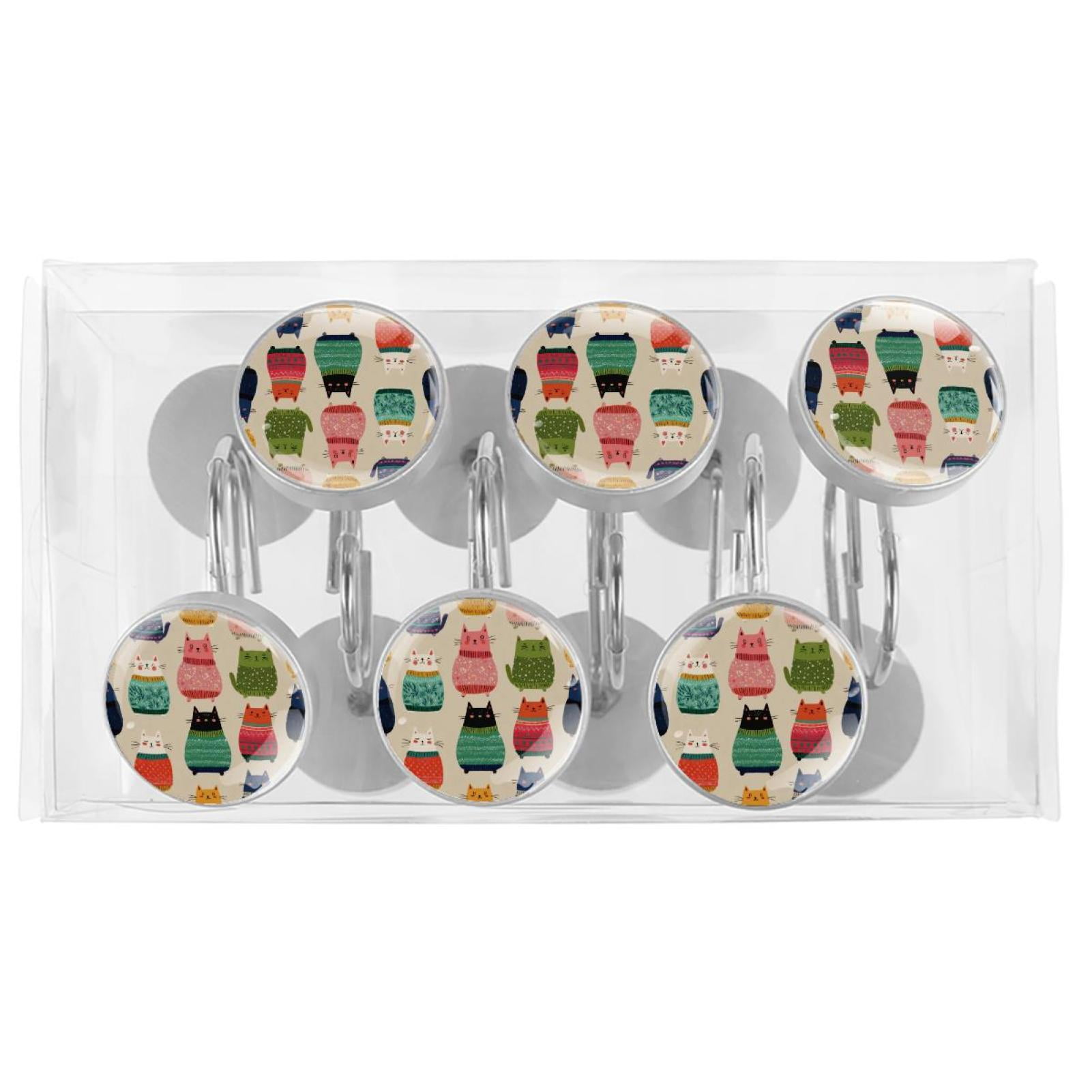 12pcs Decorative Shower Curtain Hooks, Rust Resistant Shower Rings for Bathroom Living Room,Rustproof Stainless Steel Rings for Shower Curtain and Liner Rods,Sweater Colorful Cat