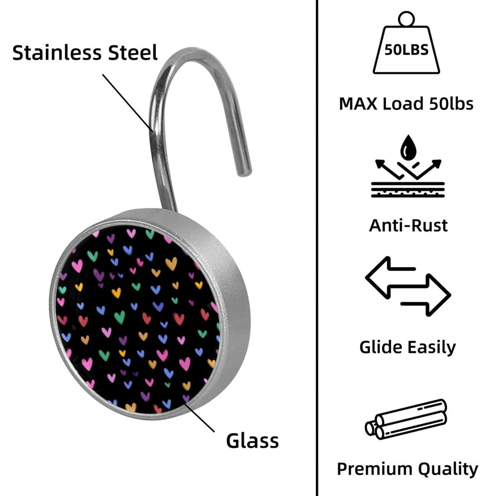12pcs Decorative Shower Curtain Hooks, Rust Resistant Shower Rings for Bathroom Living Room,Rustproof Stainless Steel Rings for Shower Curtain and Liner Rods,Colorful Hearts Black